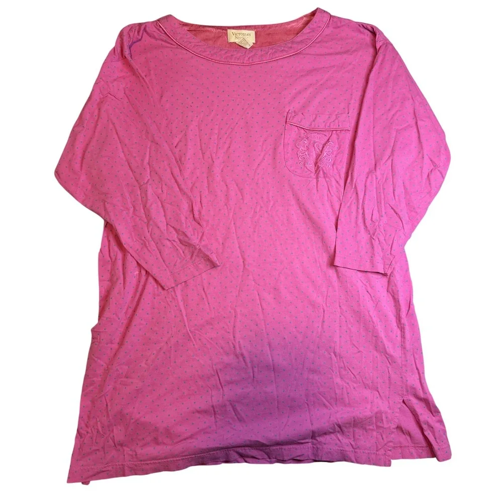Vintage‎ Victorias Secret Gold Label Pink Polka Dot Cotton Nightshirt ML Pink